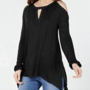Peck & Peck Studded Peek A Boo Shoulder-Keyhole Neckline-Shark-Bite Top Women L